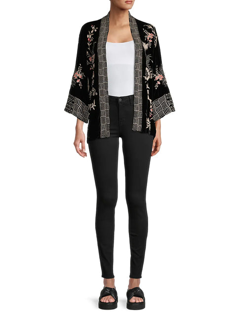 Johnny Was Valentina Velvet Cropped Kimono Jacket Top Black Floral Embroidery NEW