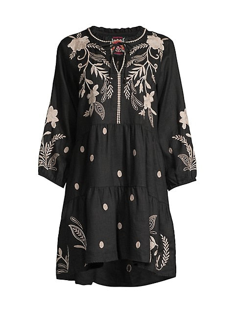 Johnny Was FRANKIE TIERED Field Dress Cotton Floral Embroidery Linen Black New