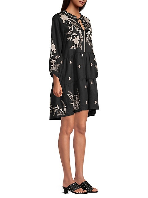 Johnny Was FRANKIE TIERED Field Dress Cotton Floral Embroidery Linen Black New