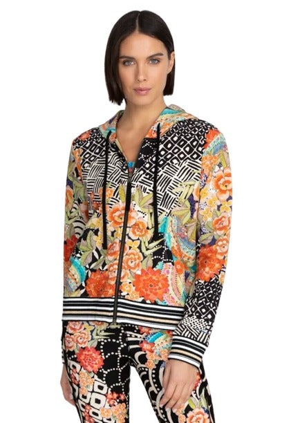 Johnny Was Sunrise Modern Zip Up Front Cotton Hoodie Sweatshirt Black Orange New