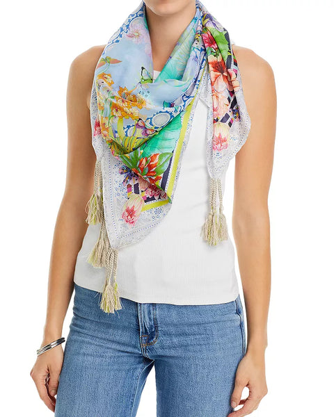 Johnny Was Cozumel Scarf Flower Silk Square Large Butterfly Green Scarves Tassels New