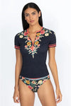 Johnny Was Mia Sporty Surf Shirt Pink Floral Zip Swim Wear Rash Guard Black Top NEW