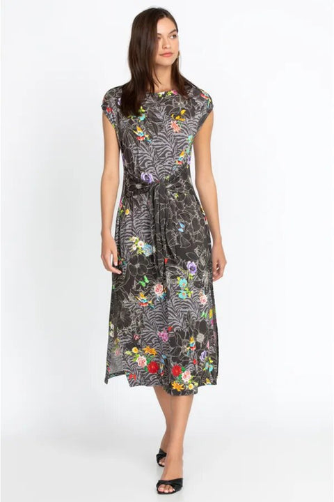 Johnny Was Zippy Tie Dress Flower Front Knit Floral Long Grey Dress XL Black NEW
