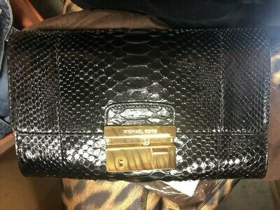 MICHAEL KORS NEW Gia Gold Lock Patent Black Clutch Leather Bag Handbag