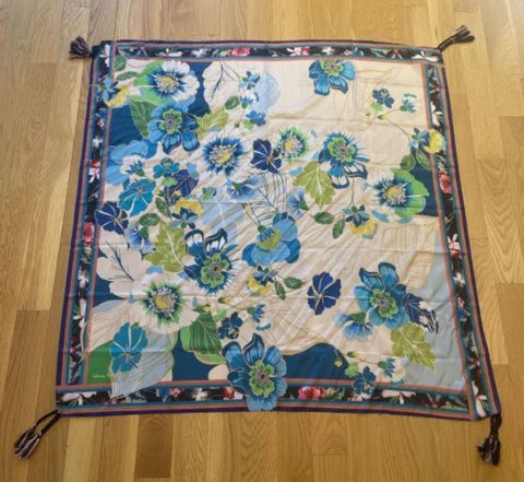Johnny Was Jenn Scarf Flowers Silk Square Large Floral Beige Blue Tassels NEW