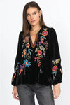 Johnny Was Ardell Velvet Relaxed Tee Blouse Floral Embroidery Top Shirt Black NEW