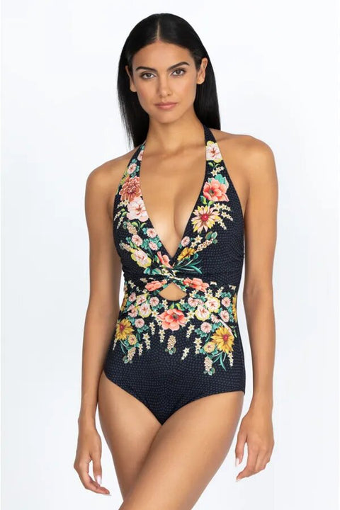 Johnny Was Twist Keyhole Swim Wear One Piece Lined Floral Print Black Swimsuit NEW