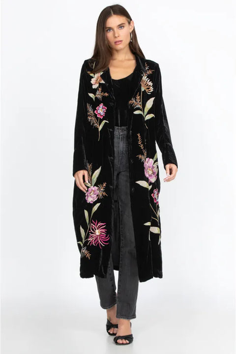 JOHNNY WAS MERIAH VELVET DUSTER COAT Long Sleeve Floral Embroidery Black Top New