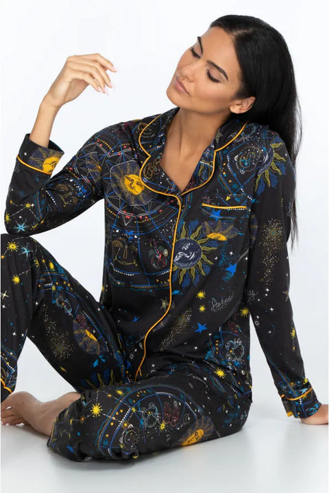Johnny Was Celestine 2 Piece Cotton Long PJ Set Black Sleep Home Lounge Wear NEW