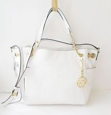 Michael Kors Optic White Leather Large Jet Set Chain Tote Pocket Bag
