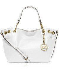 Michael Kors Optic White Leather Large Jet Set Chain Tote Pocket Bag