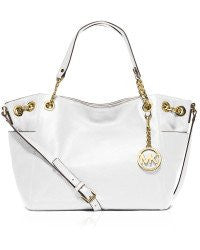 Michael Kors Optic White Leather Large Jet Set Chain Tote Pocket Bag