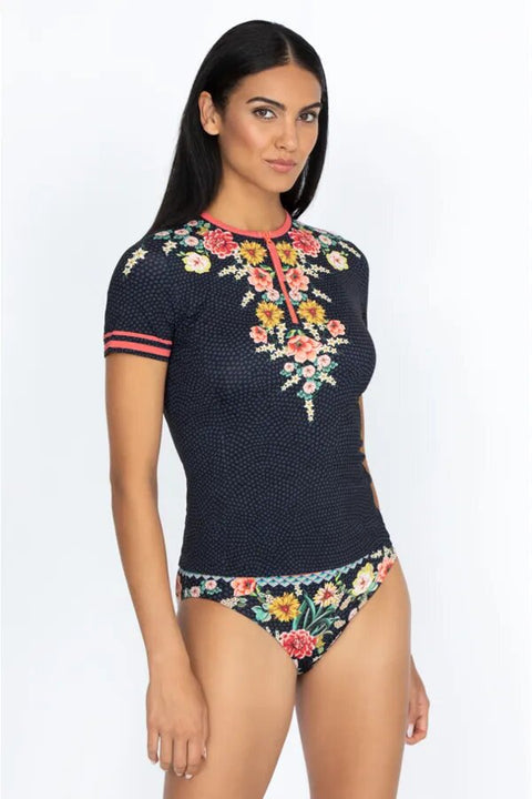 Johnny Was Mia Sporty Surf Shirt Pink Floral Zip Swim Wear Rash Guard Black Top NEW
