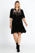 Johnny Was Celestin Velvet Puff Sleeve Floral Black Dress Flowers Embroidery New