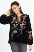 JOHNNY WAS ARDELL VELVET RELAXED BLOUSE Floral Embroidery Black Top Shirt New