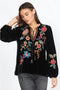 Johnny Was Ardell Velvet Relaxed Tee Blouse Floral Embroidery Top Shirt Black NEW