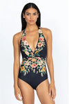 Johnny Was Twist Keyhole Swim Wear One Piece Lined Floral Print Black Swimsuit NEW