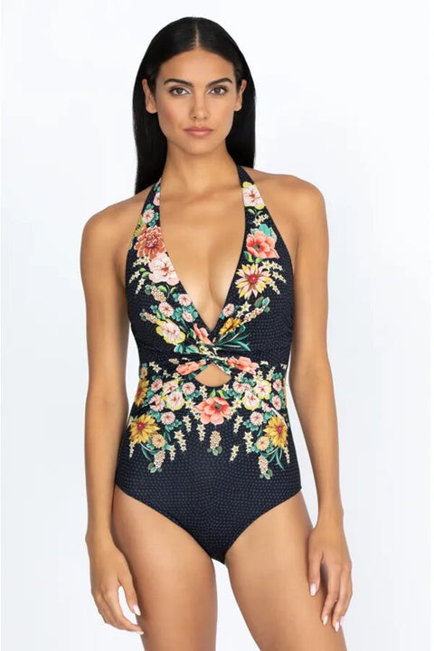 Johnny Was Twist Keyhole Swim Wear One Piece Lined Floral Print Black Swimsuit NEW