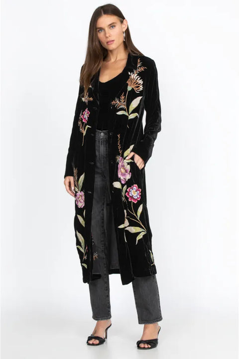 JOHNNY WAS MERIAH VELVET DUSTER COAT Long Sleeve Floral Embroidery Black Top New