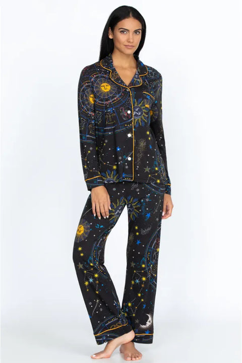 Johnny Was Celestine 2 Piece Cotton Long PJ Set Black Sleep Home Lounge Wear NEW