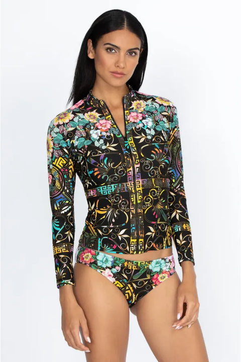 Johnny Was Joy Surf Shirt Swim Wear Floral Rash Guard Black Flowers Plus Top NEW