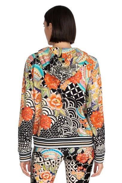 Johnny Was Sunrise Modern Zip Up Front Cotton Hoodie Sweatshirt Black Orange New