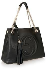 Gucci Soho Medium Black Double Leather Chain Shoulder Bag Tote Black Gold  New