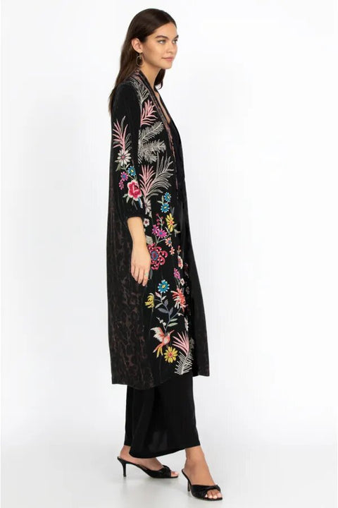 Johnny Was Tiarei Velvet Bishop Sleeve Kimono Coat Floral Embroidery Black New