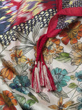 Johnny Was Silk Betzy Scarf Square Large White Floral Red Tassels Scarf New