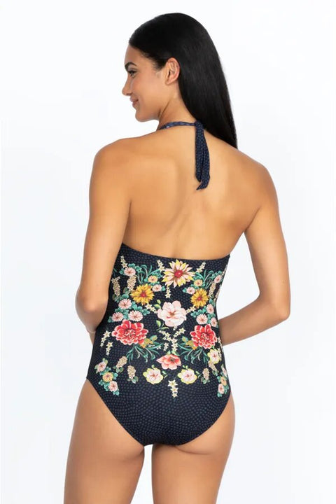 Johnny Was Twist Keyhole Swim Wear One Piece Lined Floral Print Black Swimsuit NEW