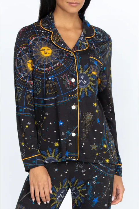 Johnny Was Celestine 2 Piece Cotton Long PJ Set Black Sleep Home Lounge Wear NEW