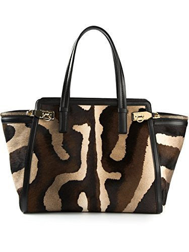 Salvatore Ferragamo 'Verve' Tote Animal Fur Leather Tote Gold Hardware New