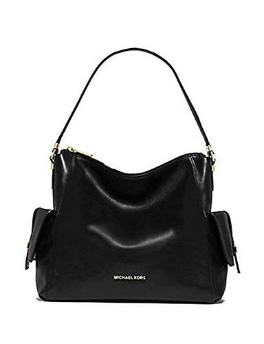 Michael Kors Marly Large Leather Shoulder Handbag Black Bag Hobo Gold Purse New