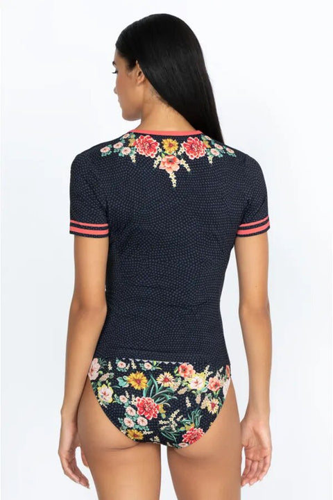 Johnny Was Mia Sporty Surf Shirt Pink Floral Zip Swim Wear Rash Guard Black Top NEW