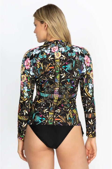 Johnny Was Joy Surf Shirt Swim Wear Floral Rash Guard Black Flowers Plus Top NEW