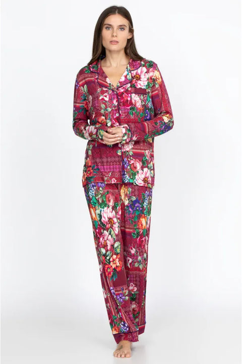Johnny Was Bethia Long Cotton Floral PJ Set Sleepwear Home Lounge Flower Red NEW