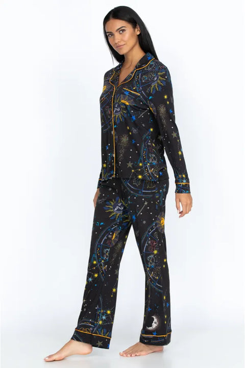Johnny Was Celestine 2 Piece Cotton Long PJ Set Black Sleep Home Lounge Wear NEW