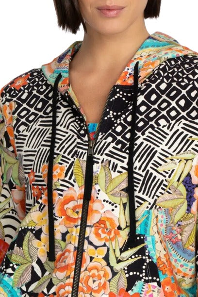 Johnny Was Sunrise Modern Zip Up Front Cotton Hoodie Sweatshirt Black Orange New