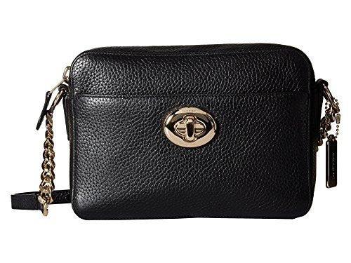 Coach Womens Pebbled Leather Turn Lock Camera Bag Black Cross Body