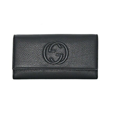 Gucci Soho Black Pebbled Leather Long Wallet Flap GG Large Authentic Italy NEW