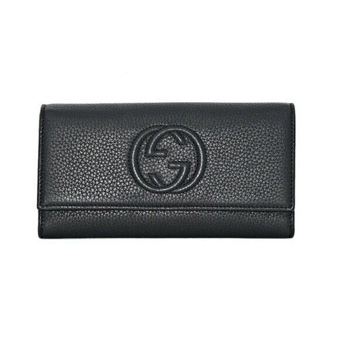 Gucci Soho Leather Black Long Wallet Flap GG Large Snap Italy Pebble New