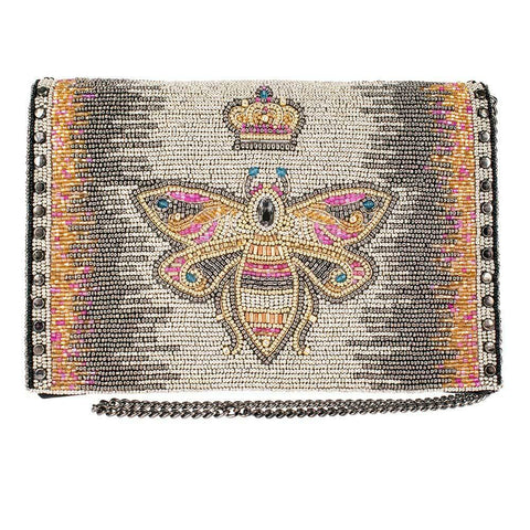Mary Frances Queen Bee Crossbody Chain Handbag Bag Beaded Black Gold Cream New