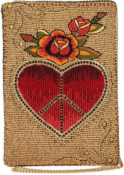 Mary Frances I Love Peace Red Heart Handbag Crossbody Phone Bag Gold Purse NEW