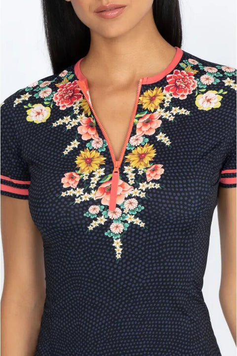 Johnny Was Mia Sporty Surf Shirt Pink Floral Zip Swim Wear Rash Guard Black Top NEW