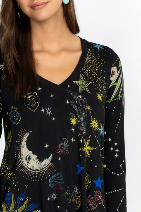 Johnny Was Celestin Favorite Long Sleeve V-Neck Swing Tee Shirt Yellow Star Black Top Moon And Stars Floral Print Special New