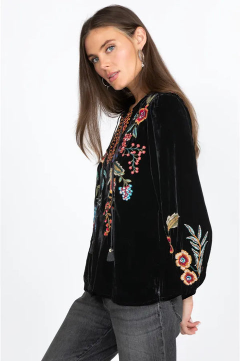Johnny Was Ardell Velvet Relaxed Tee Blouse Floral Embroidery Top Shirt Black NEW