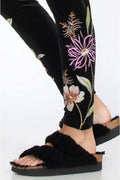 JOHNNY WAS PANTS MERIAH STRETCH VELVET LEGGINGS Floral Embroidery Black New