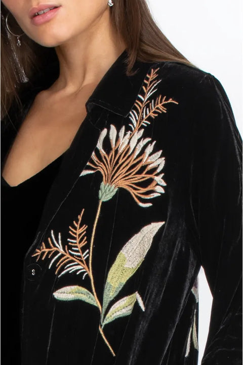 JOHNNY WAS MERIAH VELVET DUSTER COAT Long Sleeve Floral Embroidery Black Top New