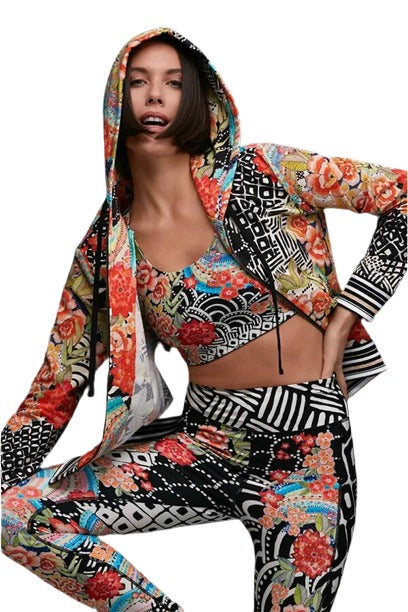 Johnny Was Sunrise Modern Zip Up Front Cotton Hoodie Sweatshirt Black Orange New
