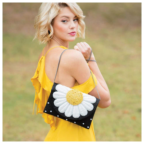 Mary Frances Oopsy Daisy Special Beaded Bag Crossbody Handbag Black Flower Purse New